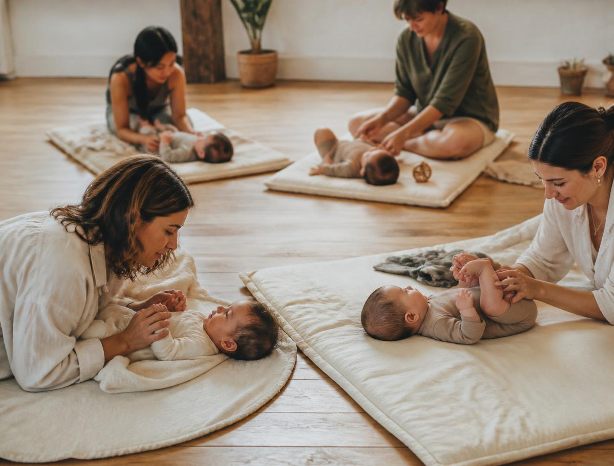 Mães e bebês em prática de movimento sobre tapetes claros no estúdio