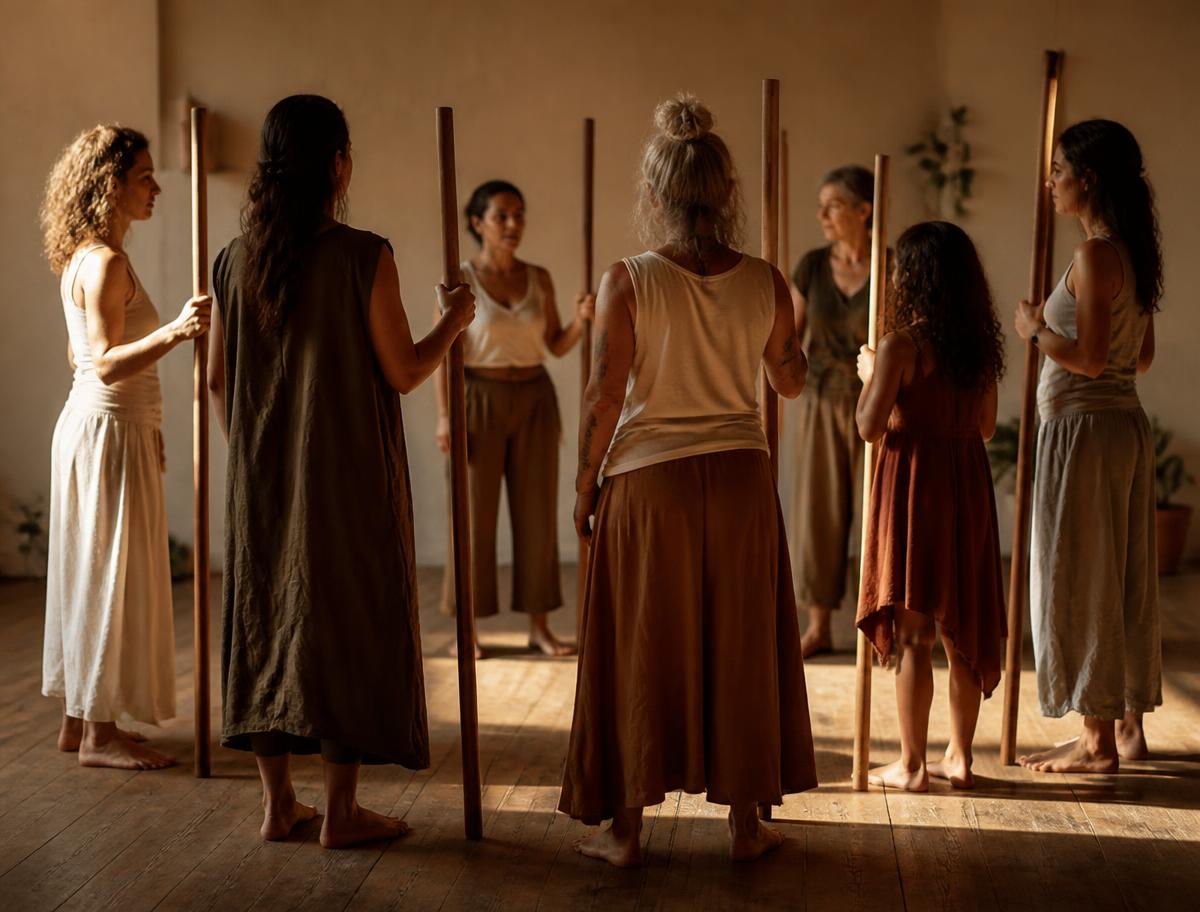 Roda de mulheres com bastões de madeira em prática de Dança Integrativa